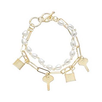 Juvell 18k Gold Plated Freshwater Cultured Pearl & Charm Bracelet