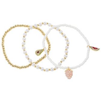LC Lauren Conrad 3 pc Gold Tone & Simulated Pearl Beaded Fruit Charm Bracelet Set