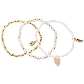 LC Lauren Conrad 3 pc Gold Tone & Simulated Pearl Beaded Fruit Charm Bracelet Set
