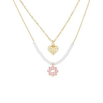 LC Lauren Conrad 2-Row Gold Tone Chains Heart & Pink Gingham Flower Pendant Necklace