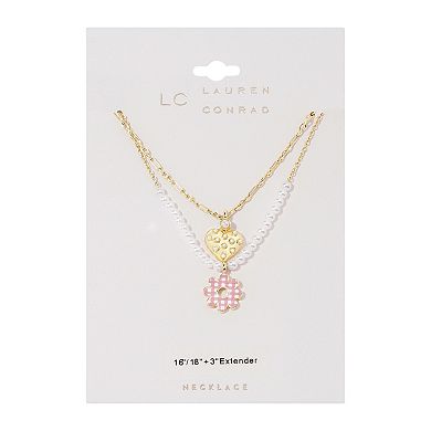 LC Lauren Conrad 2-Row Gold Tone Chains Heart & Pink Gingham Flower Pendant Necklace