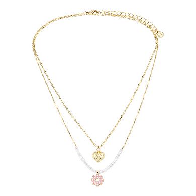 LC Lauren Conrad 2-Row Gold Tone Chains Heart & Pink Gingham Flower Pendant Necklace