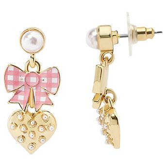 LC Lauren Conrad Gold Tone Pink Gingham Enamel Bow & Simulated Pearl Heart Drop Earrings