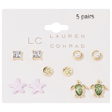 LC Lauren Conrad 5-Pair Gold Tone Turtle & Starfish Nickel Free Earring Set