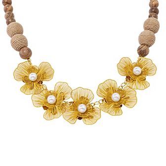 Emberly Gold Tone Wood Bead Raffia Floral Frontal Necklace