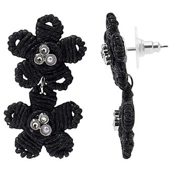Emberly Silver Tone Black Double Flower Nickel Free Drop Earrings