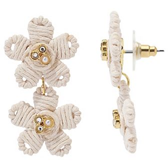 Emberly Gold Tone Beige Double Flower Nickel Free Drop Earrings
