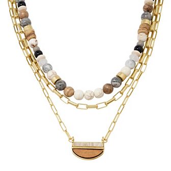 Emberly Gold Tone Neutral Beaded Multi-Row Chain Necklace