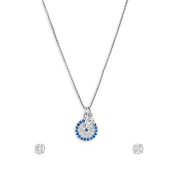 Primavera Sterling Silver Evil Eye Necklace & Cubic Zirconia Stud Earring Set