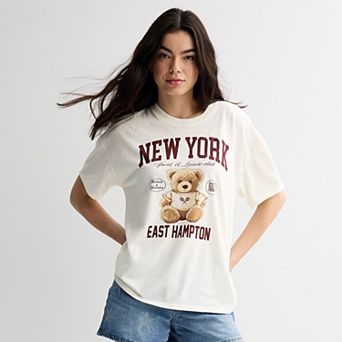 Juniors' Threads of Luxx New York East Hampton Teddy Bear Oversized Graphic Tee