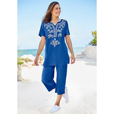Woman Within Plus Size Printed Tunic And Capri Set