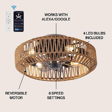 Rowan 4-Light Bohemian LED Ceiling Fan, Remote-Controlled, 6-Speed, Rattan Lantern, Modern Design