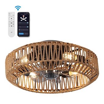 Rowan 4-Light Bohemian LED Ceiling Fan, Remote-Controlled, 6-Speed, Rattan Lantern, Modern Design
