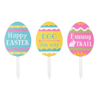 Glitzhome Set of 3 15"H Multi-color Wooden Easter Egg Yard Stake