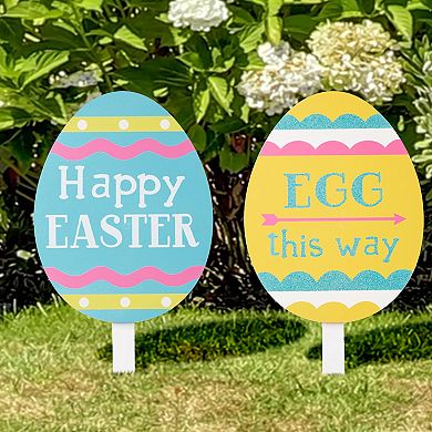 Glitzhome Set of 3 15"H Multi-color Wooden Easter Egg Yard Stake