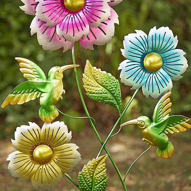 Glitzhome 34"H Garden Flower and Hummingbird Yardstake