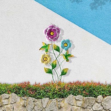 Glitzhome 34"H Garden Flower and Hummingbird Yardstake