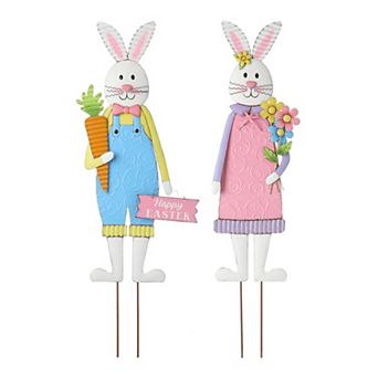 Glitzhome Set of 2 Hand-painted Metal Bunny Boy and Girl's Yard Stake