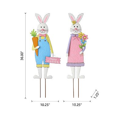 Glitzhome Set of 2 Hand-painted Metal Bunny Boy and Girl's Yard Stake
