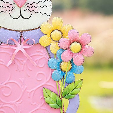 Glitzhome Set of 2 Hand-painted Metal Bunny Boy and Girl's Yard Stake