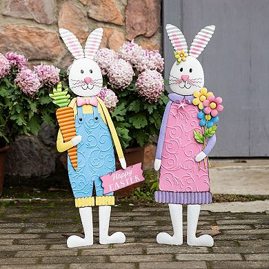 Glitzhome Set of 2 Hand-painted Metal Bunny Boy and Girl's Yard Stake