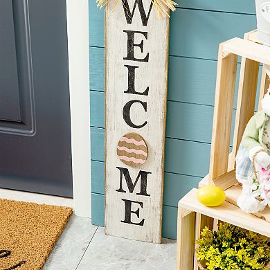 Glitzhome 42”H Wooden Easter Welcome Weathered Porch Sign with Bunny Ears