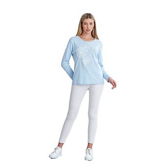 Dandelion Print Soft Combed Cotton Long Sleeve Neck T-shirt For Women