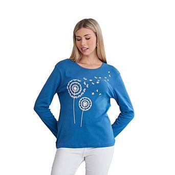 Dandelion Print Soft Combed Cotton Long Sleeve Neck T-shirt For Women