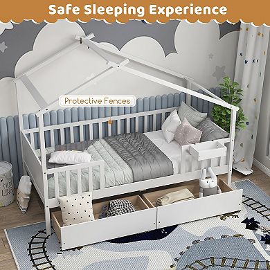 Twin House Bed with 2 Storage Drawers and Roof & Fence Rails-White