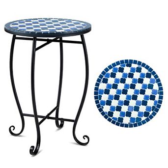 14 Inch Floral Mosaic Metal Patio Accent Side Table and Plant Stand for Outdoor Use