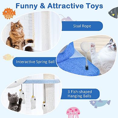 Multi-level Ocean-themed Cat Tree Tower with Sisal Covered Scratching Posts-Blue
