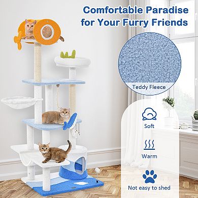 Multi-level Ocean-themed Cat Tree Tower with Sisal Covered Scratching Posts-Blue