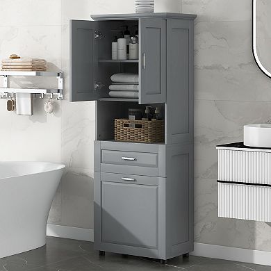 Merax Tall Bathroom Cabinet with Laundry Basket