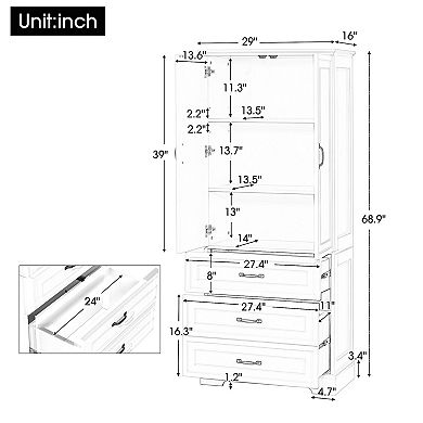 Merax Tall Bathroom Storage Cabinet, Cabinet with Two Doors and Drawers, White
