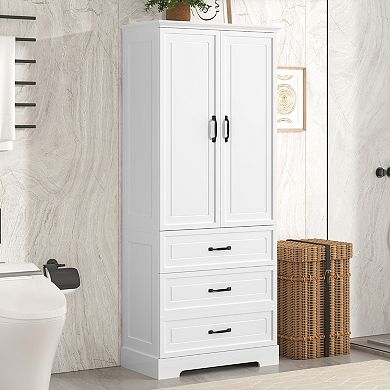 Merax Tall Bathroom Storage Cabinet, Cabinet with Two Doors and Drawers, White