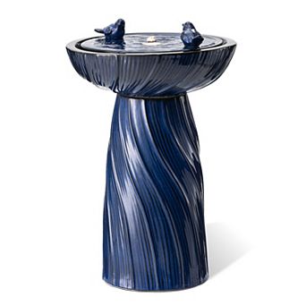 Glitzhome Cobalt Blue Twist Textured Birdbath Ceramic Outdoor Floor Fountain