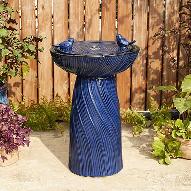 Glitzhome Cobalt Blue Twist Textured Birdbath Ceramic Outdoor Floor Fountain
