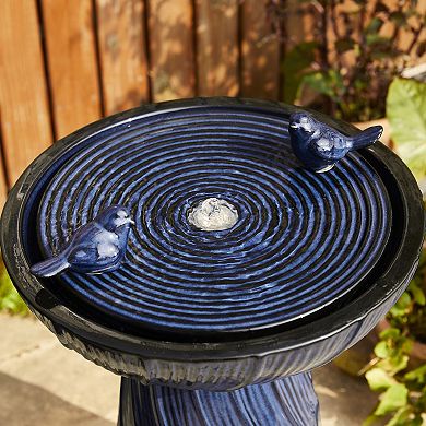 Glitzhome Cobalt Blue Twist Textured Birdbath Ceramic Outdoor Floor Fountain