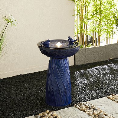 Glitzhome Cobalt Blue Twist Textured Birdbath Ceramic Outdoor Floor Fountain