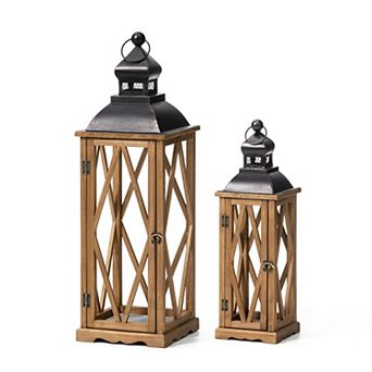 Glitzhome Set of 2 Farmhouse Diamond Wood/ Metal Antique Lanterns