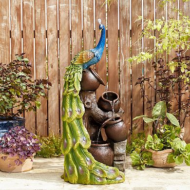 Glitzhome Oversized 4-Tiered Peacock and Jars Polyresin Outdoor Floor Fountain