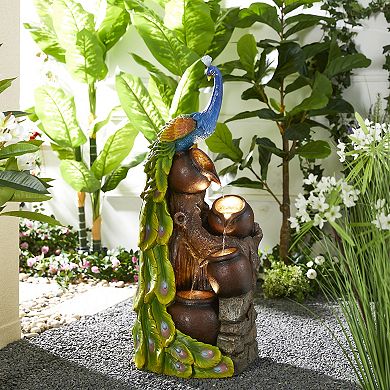 Glitzhome Oversized 4-Tiered Peacock and Jars Polyresin Outdoor Floor Fountain