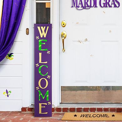 Glitzhome 42"H Mardi Gras WELCOME Wooden Porch Sign on a Purple Background
