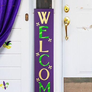 Glitzhome 42"H Mardi Gras WELCOME Wooden Porch Sign on a Purple Background