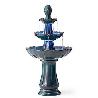 Glitzhome Oversized Pedestal Lotus Textured Ceramic Outdoor Floor Fountain