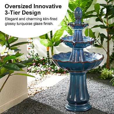 Glitzhome Oversized Pedestal Lotus Textured Ceramic Outdoor Floor Fountain
