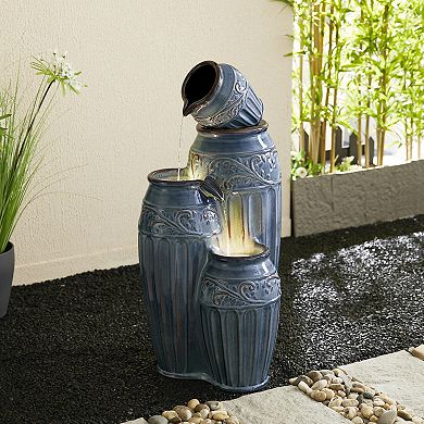 Glitzhome Oversized Turquoise Embossed Pattern Pots Outdoor Floor Fountain