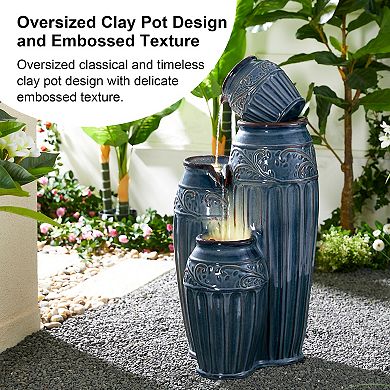 Glitzhome Oversized Turquoise Embossed Pattern Pots Outdoor Floor Fountain
