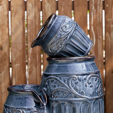 Glitzhome Oversized Turquoise Embossed Pattern Pots Outdoor Floor Fountain