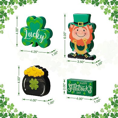 Glitzhome 6"H Set of 4 St Patrick's Epoxy Wooden Pot of Leprechaun Table Decor